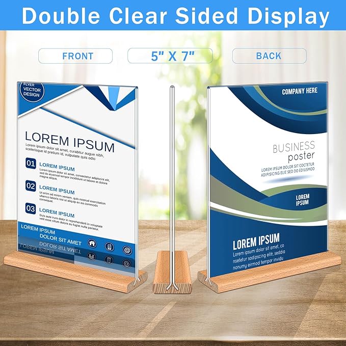 Kersally Acrylic Sign Holder 5 x 7, 3 Pack Double-Sided Clear Table Display Stands with Wood Base,Vertical Acrylic Frame Menu Flyer Paper Holder for Stores, Restaurants, Hotels, Office, Show Fair