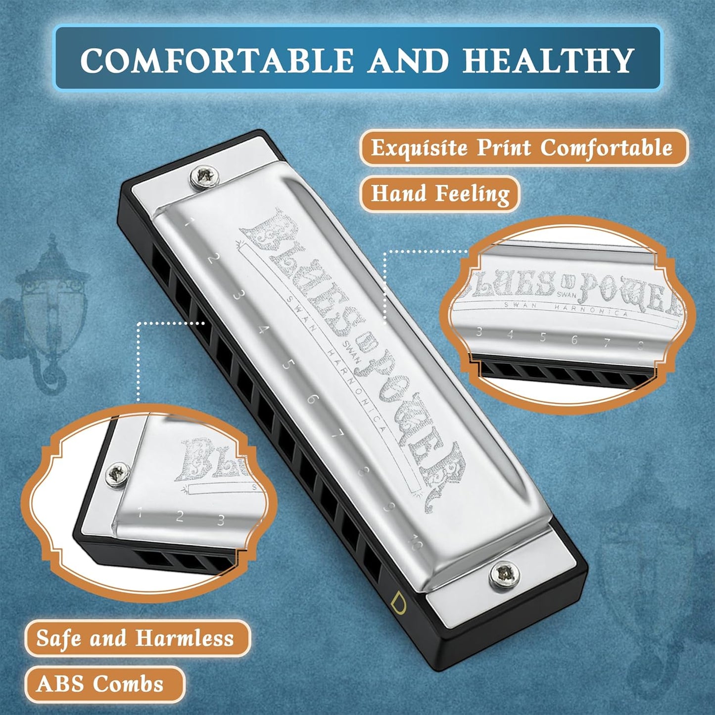 SWAN Blues Harmonica, Key of D, 10 Hole 20 Tone Diatonic Harp Mouth Organ, Stainless Steel Deluxe Harmonica for Adults, Students, Beginners, as a Gift (Silver-D)