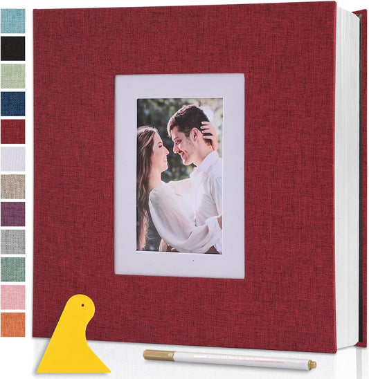 Photo Album Self Adhesive Pages Scrapbook Large Magnetic Photo Albums with Sticky Pages Scrapbooks for Wedding Baby for 4x6 5x7 8x10 Picture Photo Books 11x10.6 Red 60 Pages