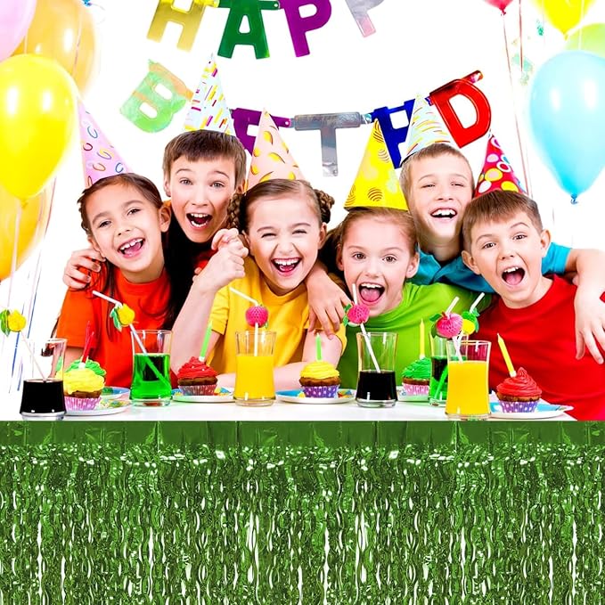 4P Wavy Metallic Tinsel Foil Fringe Table Skirts for Rectangle Tables Backdrop Garland Curtains for Parade Floats Wedding Birthday Parties Decoration Graduation 2025 Christmas (Light Green)