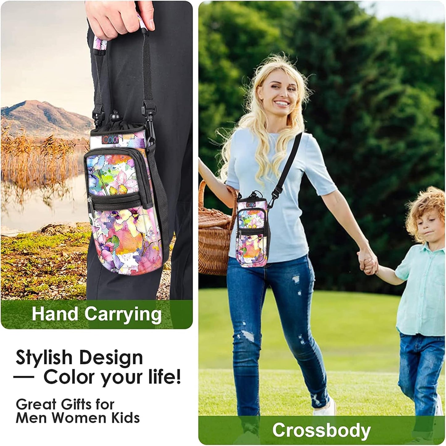 icolor Water Bottle Carrier Bag with Strap 25/32/40 oz Crossbody Bottle Holder with Phone Pocket Sling Sleeve Insulated Neoprene Water Bottle Pouch for Walking Travelling