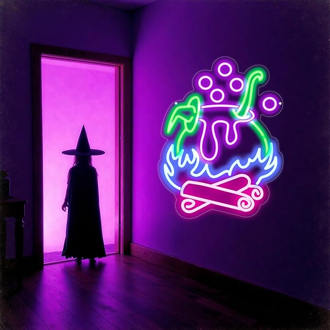 "Witch Brew" Cauldron Neon Sign - Spooky LED Cauldron Wall Art, Spooky Halloween, Witch's Brew Led Sign, Witch Pot Neon Light for Halloween Led Sign Halloween Decorations Party Decor Home Bar