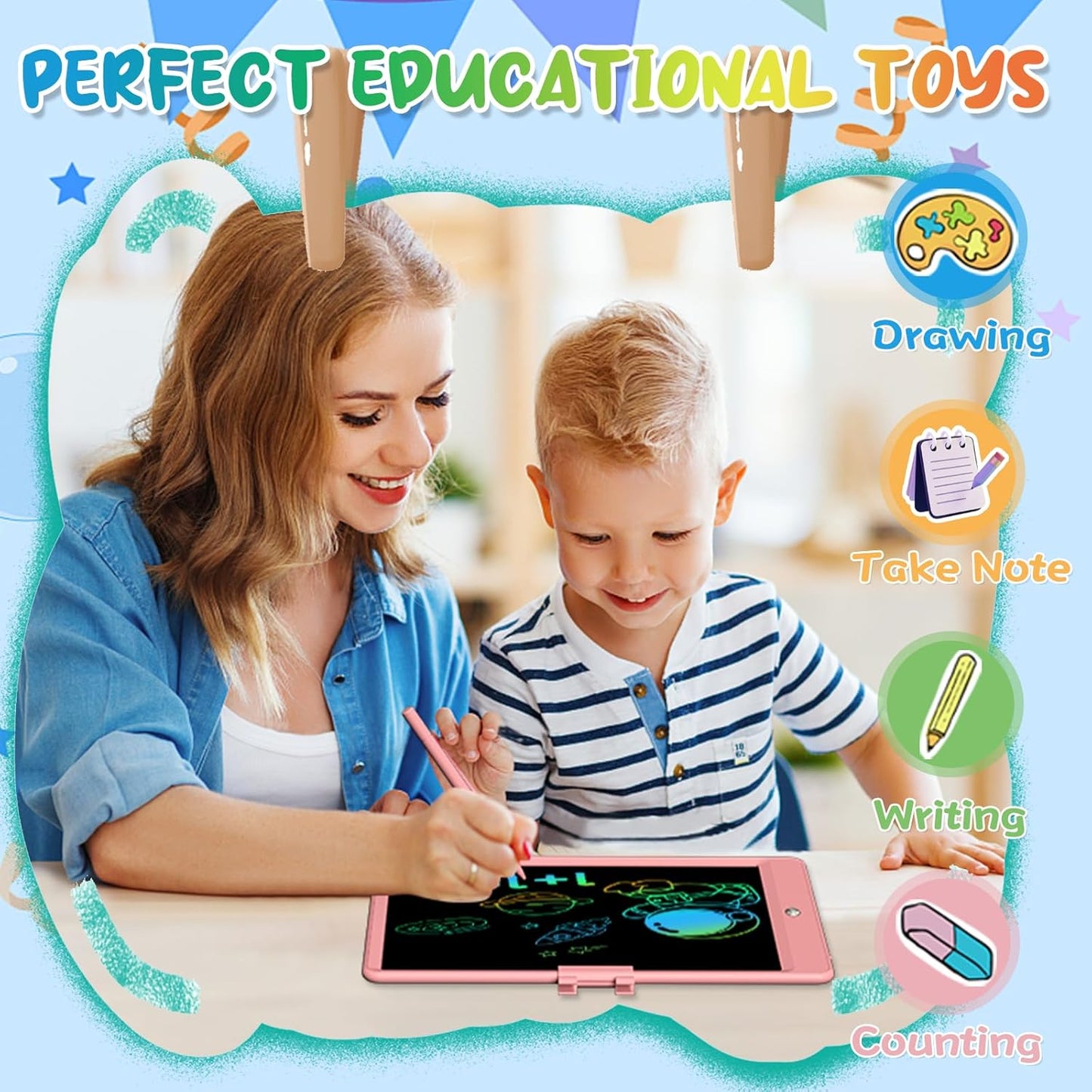 LCD Writing Tablet for Kids 10 Inch Colorful Toddler Drawing Tablet Reusable Doodle Board Electronic Drawing Pads Educational and Learning Kids Toys for Girls(Pink)