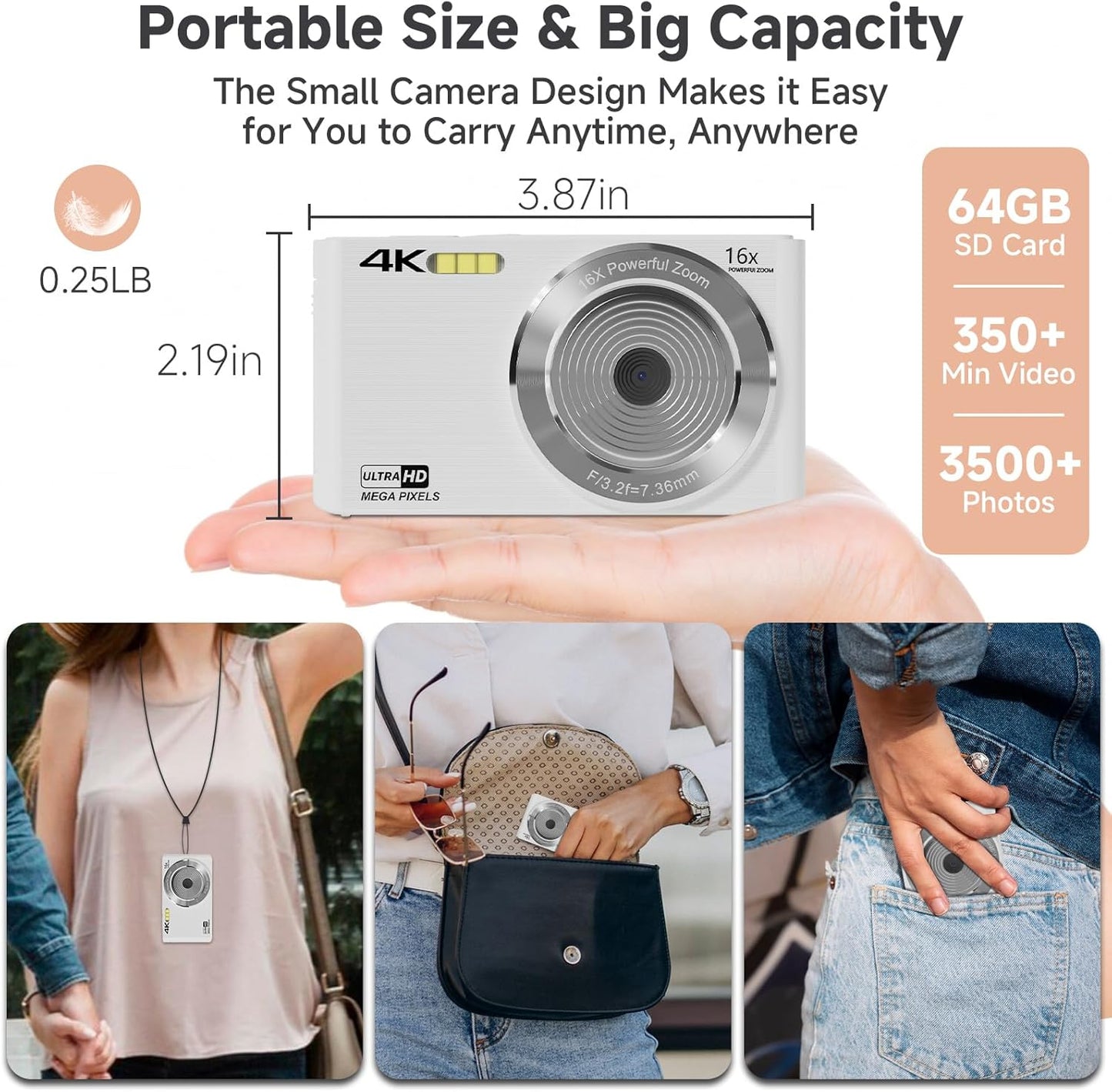 Digital Camera, 44MP 4K Auto Focus Point and Shoot Kids Video Camera with 64GB SD Card 2 Batteries 16X Digital Zoom Compact Portable Small Camera Gifts for Teens Kids Boys Girls(White)