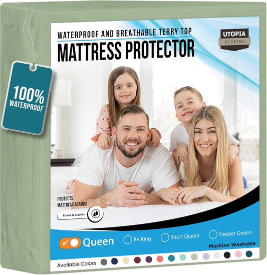 Utopia Bedding Waterproof Mattress Protector Queen Size, Premium Terry Mattress Cover 200 GSM, Breathable, Fitted Style with Stretchable Pockets (Sage)