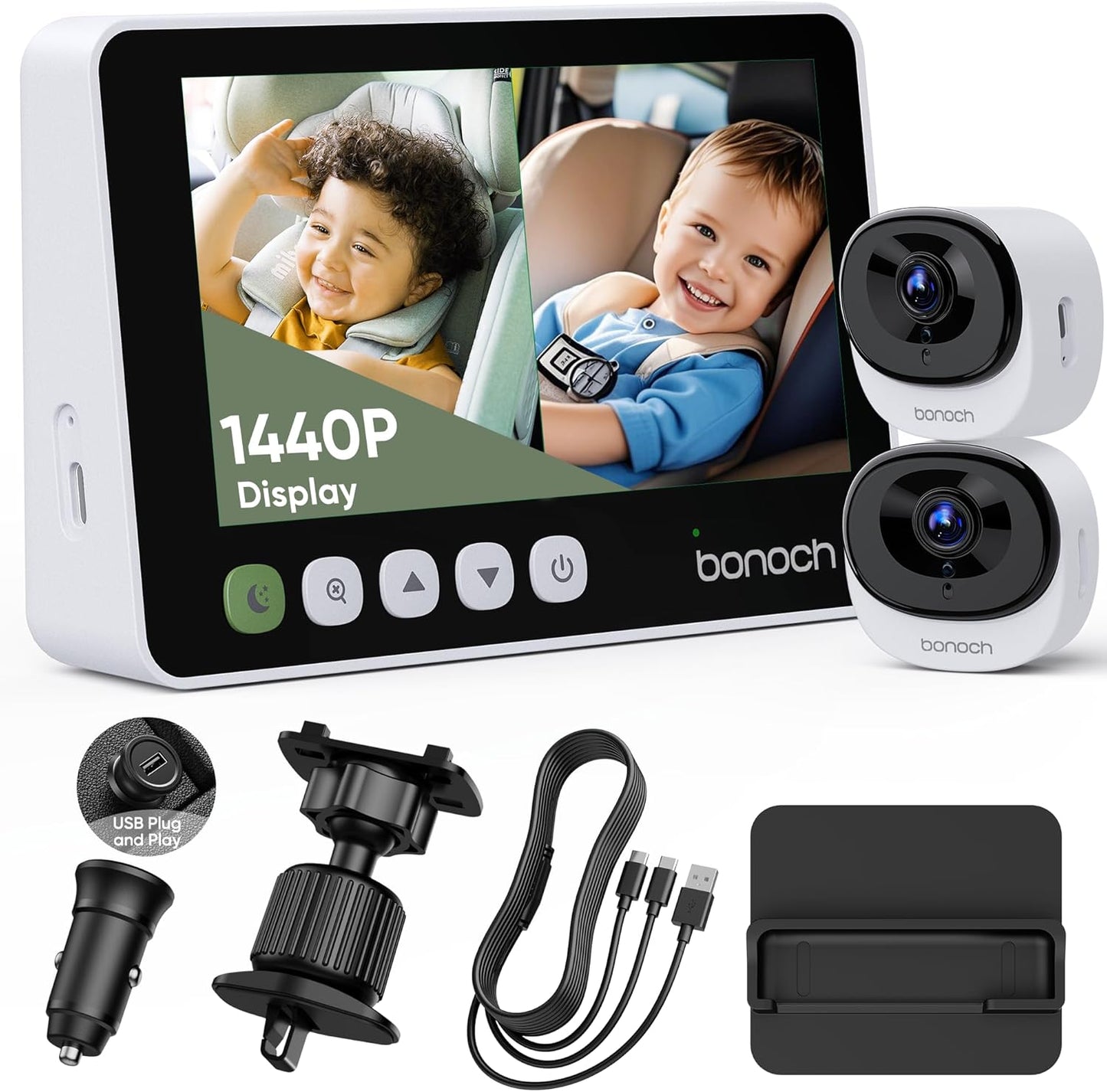 bonoch 5" 1440P Baby Car Camera for 2 Kids - 360° Rotating Adjustable Wide View Dual Cameras, Split Screen Night Vision Baby Monitor, Easy Install Rear Facing Backseat Mirror, USB Powered with Charger