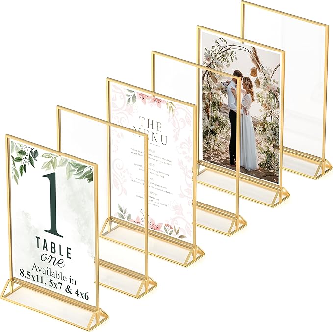 Gold Picture Frames Double-Sided, 6-Pack 8.5x11 Acrylic Table Number Holders, Clear Easel Stands for Signs, Gold Frames for Wedding Table Numbers, Menu Holders, and Photo Displays for Events and Décor