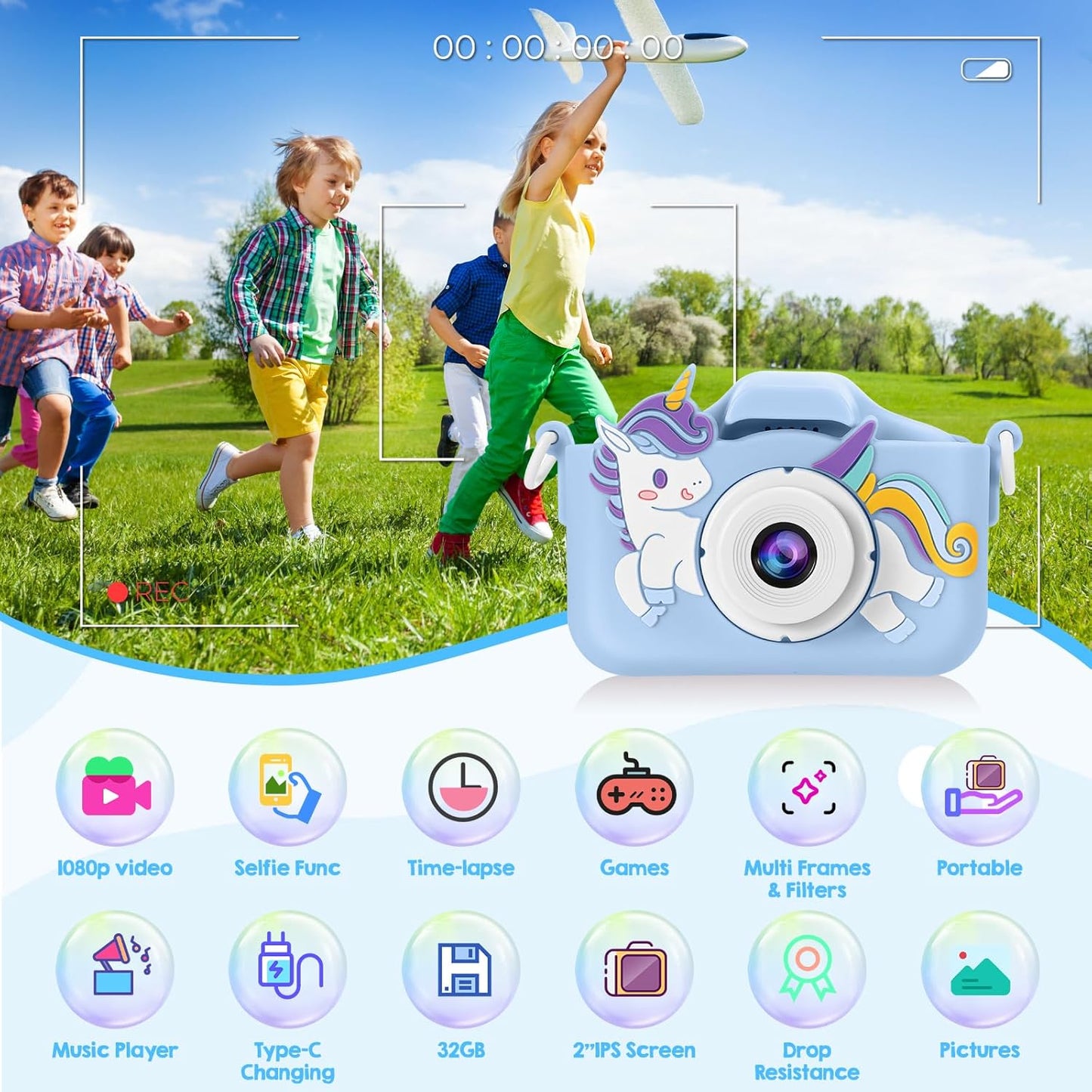 Kids Camera, Toys for Toddlers Age 3-8 Year Old Girl Christmas Birthday Gifts, Children Digital Camera with Cartoon Soft Silicone Cover and 32GB Card (Azure)