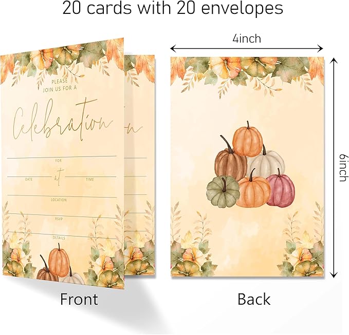 Join Us For A Celebration - Autumn Invitation Cards with Envelopes Pack of 20 (4"x6") - Pumpkin Leaf Autumn Themed Invitations for Baby Shower, Wedding, Bridal Shower, Baptism, etc.(153)