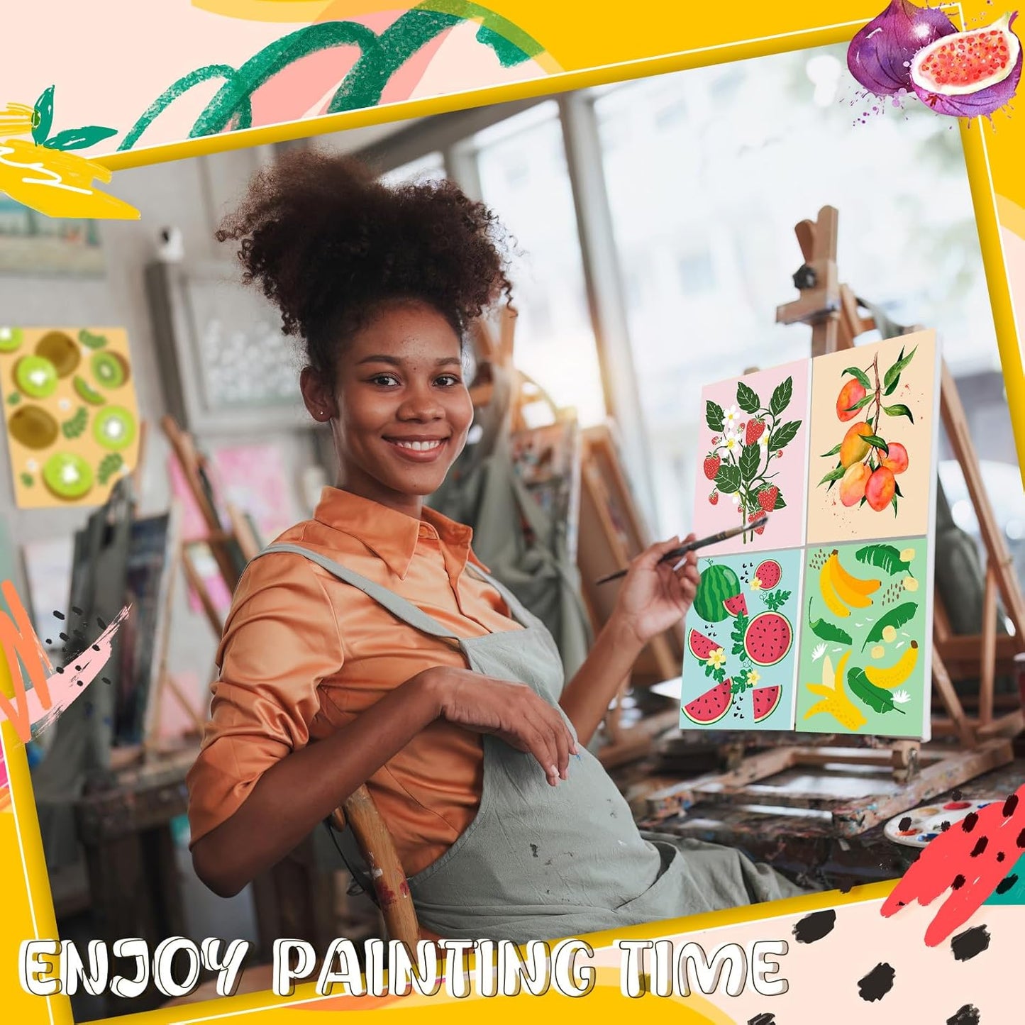 Blosssound 10 Set Pre Printed Canvas Pre Drawn Canvas Painting with Easel Kits 5" x 7" Outline Painting Panels for Beginners, DIY Craft Project, Party Favor, Home Decors(Fruit)