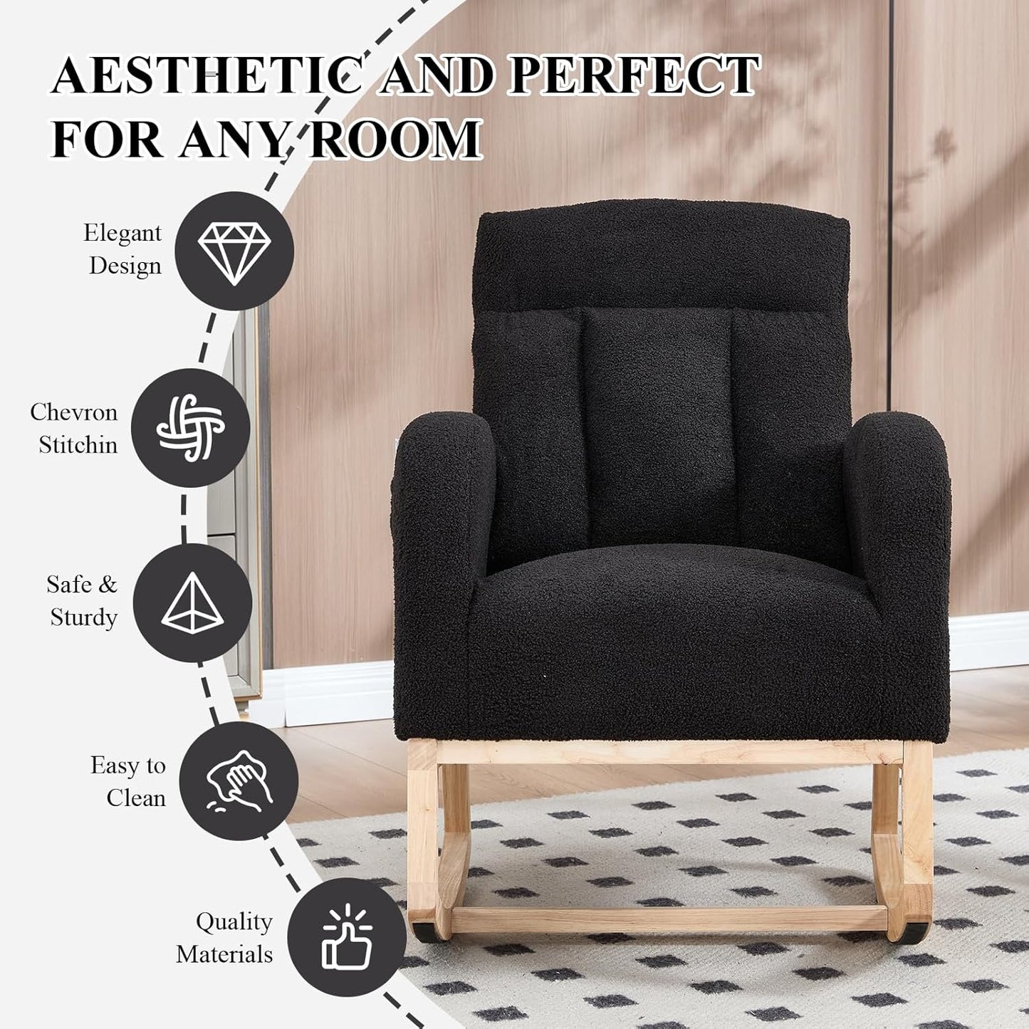 NIOIIKIT Nursery Rocking Chair, Teddy Upholstered Glider Chair with Side Pocket, Glider Rocker Chair with Tufted Back, Comfy Accent Nursing Chair for Living Room (Black Modern)