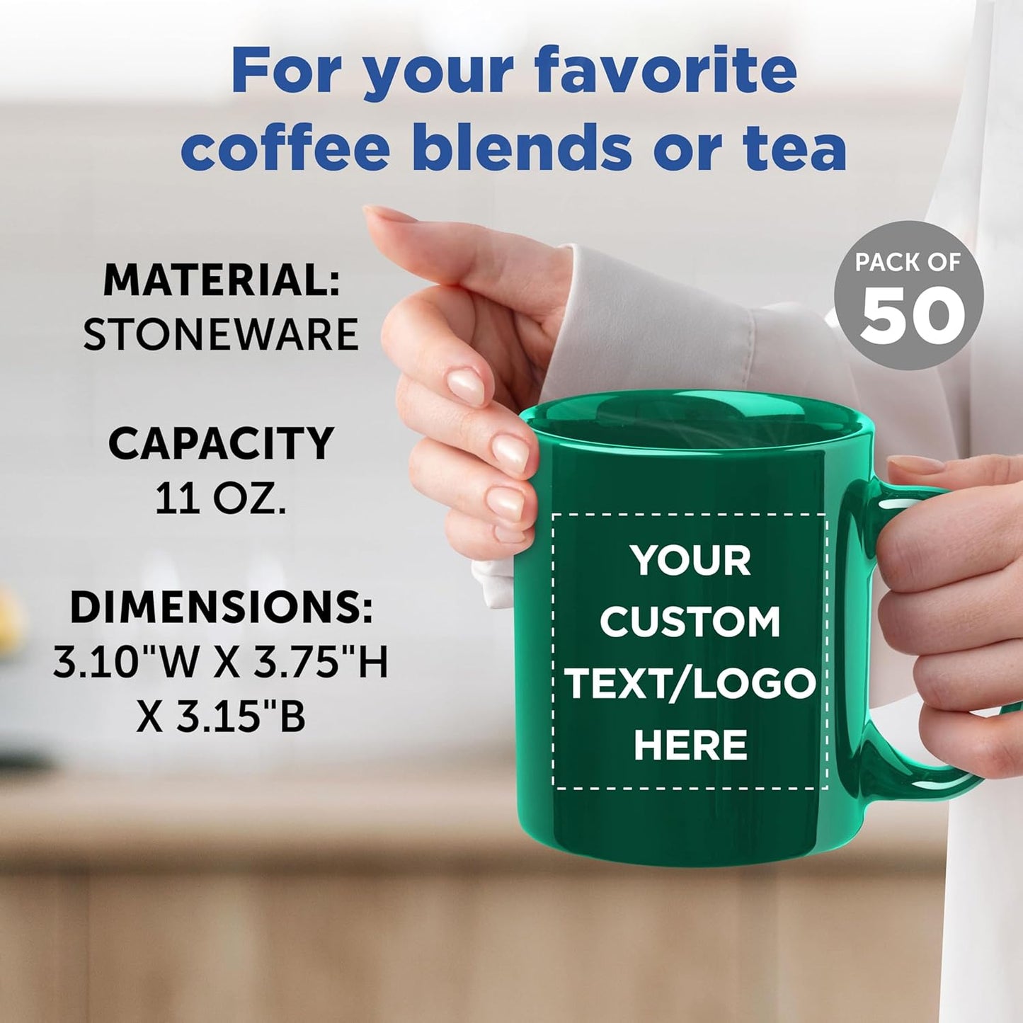 Custom Ceramic Coffee Mugs 11 oz. Set of 50, Personalized Bulk Pack - Coffee cup set, Iced coffee cup, Gaming mug - Green