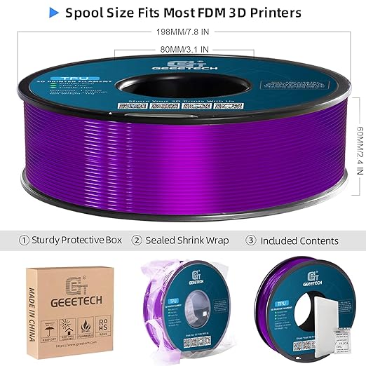 Geeetech TPU Filament 1.75mm, Shore 95A Flexible 3D Printer Filament with High Elasticity, 1KG (2.2lbs) Spool, Dimensional Accuracy ±0.03mm, Fits Most FDM Printers (Clear Purple)