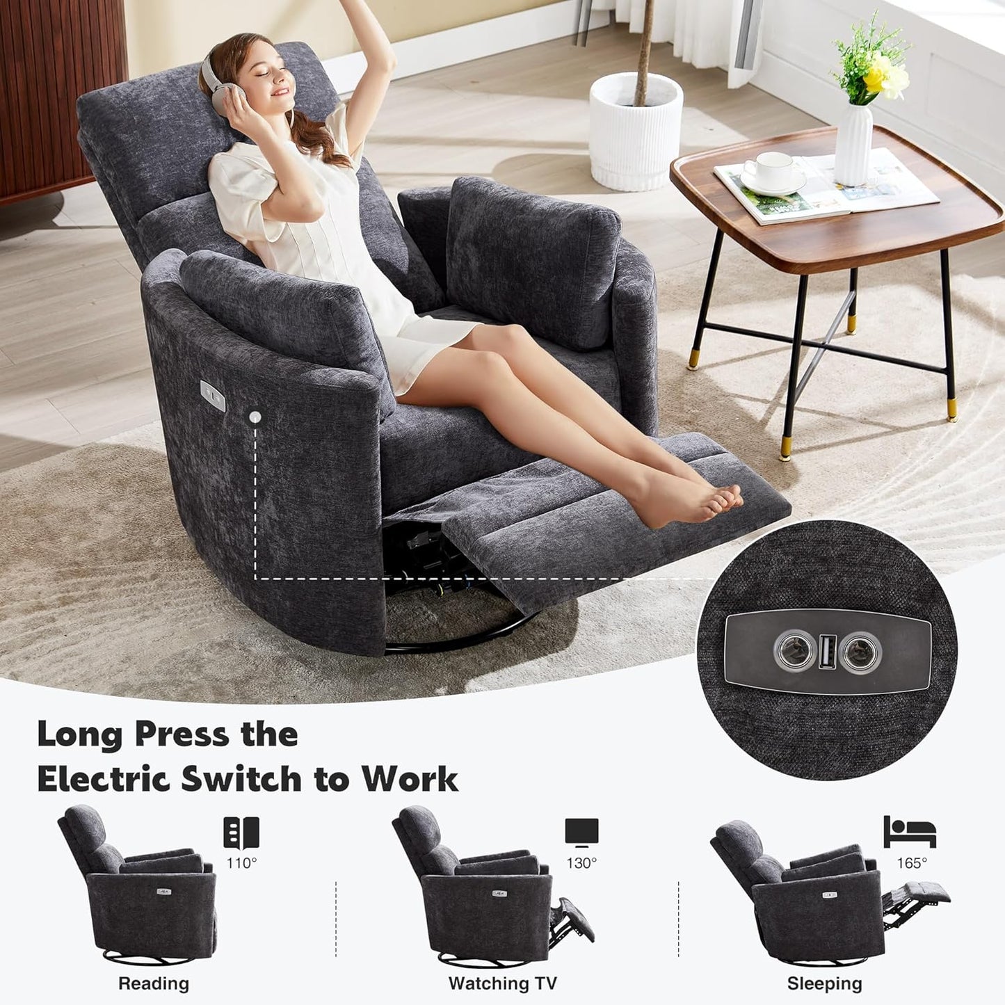 Recliner Swivel Glider Electric Rocking Chair with USB Port,Upholstered High Back Nursery Rocking Chair,Adult Power Recliner Chair with 2 Pillows for Living Room Bedroom(DRAK Grey, Power-Driven)