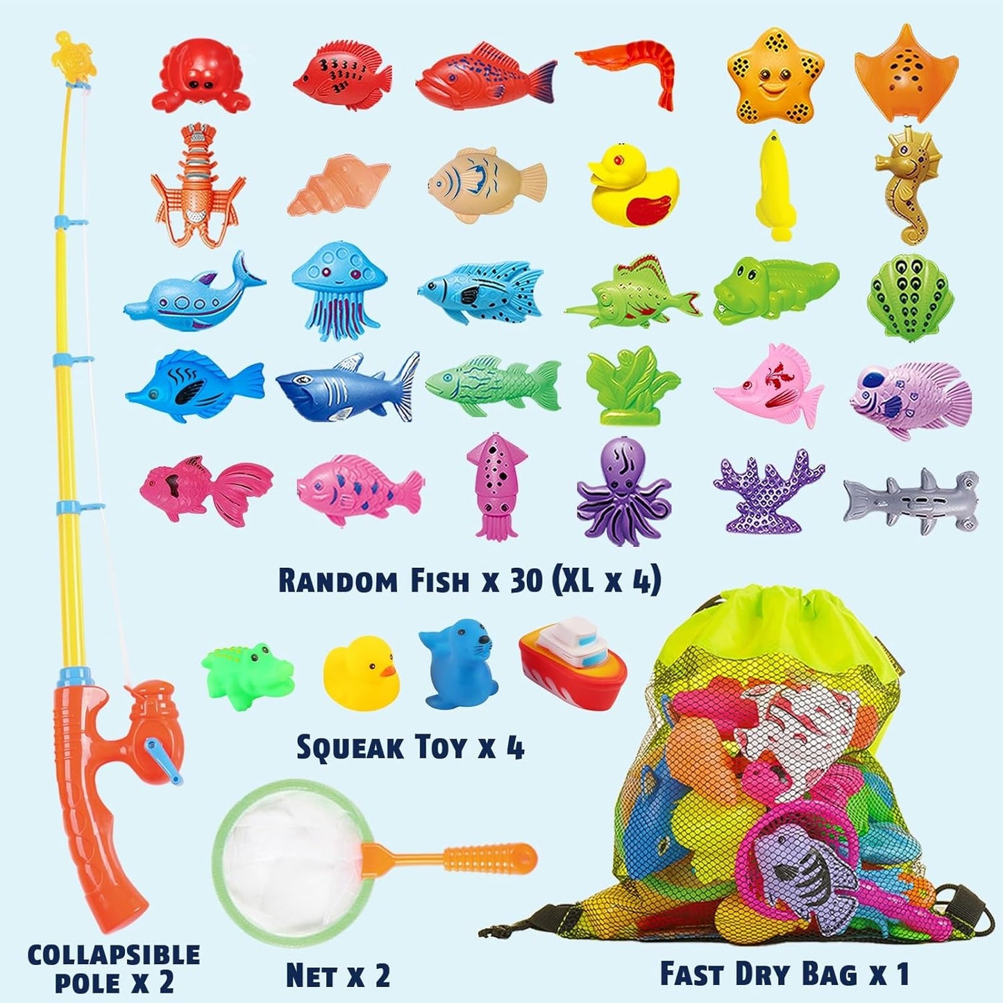 CozyBomB™ Magnetic Fishing Toys Game Set for Kids | Water Table Bathtub Kiddie Pool Party & Pole Rod Net, Plastic Floating Fish Toddler Color Ocean Sea Animals Birthday Age 3 4 5 6 Year