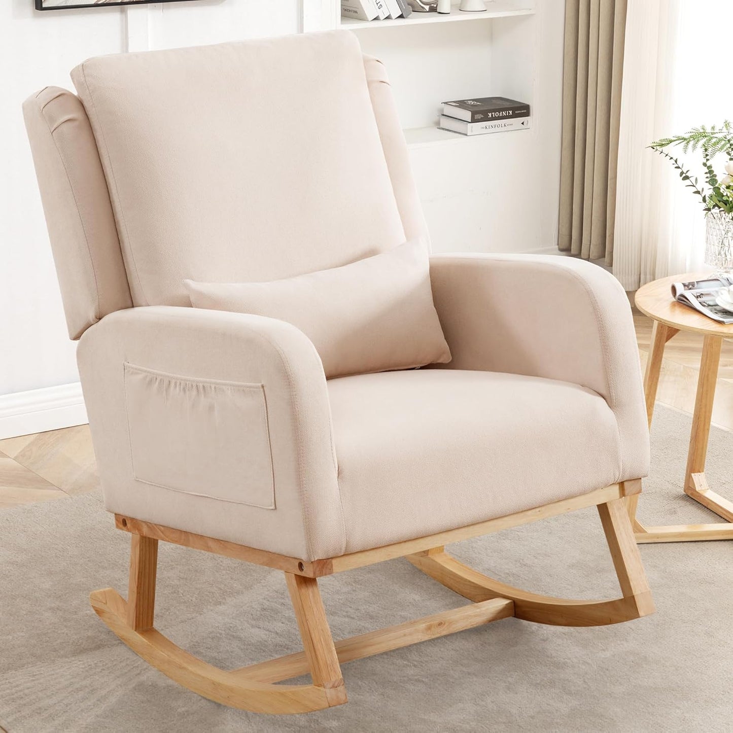 Rocking Chair Nursery, Nursing Rocking Chairs with Lumbar Pillow, Comfy Modern Nursery Glider Rocker Morden Accent Rocking Chair for Mom Nursery, Living Room, Bedroom, Beige