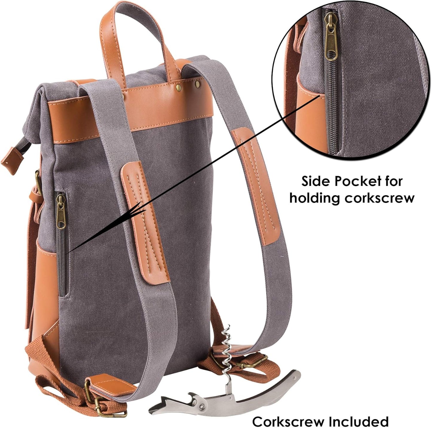 The Pinot Wine Bag, Insulated Bottle Holder Backpack For Travelling, Outings and Festivals, Leather Back With Padded Faux Fleece Interior & Corkscrew by Primeware Inc.