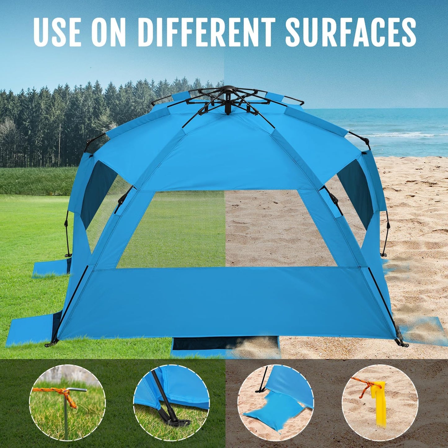 WhiteFang Deluxe Pop Up Beach Tent Sun Shade Shelter for 3-4/5-6 Person, UV Protection, Extendable Floor with 3 Ventilating Windows Plus Carrying Bag, Stakes, and Guy Lines