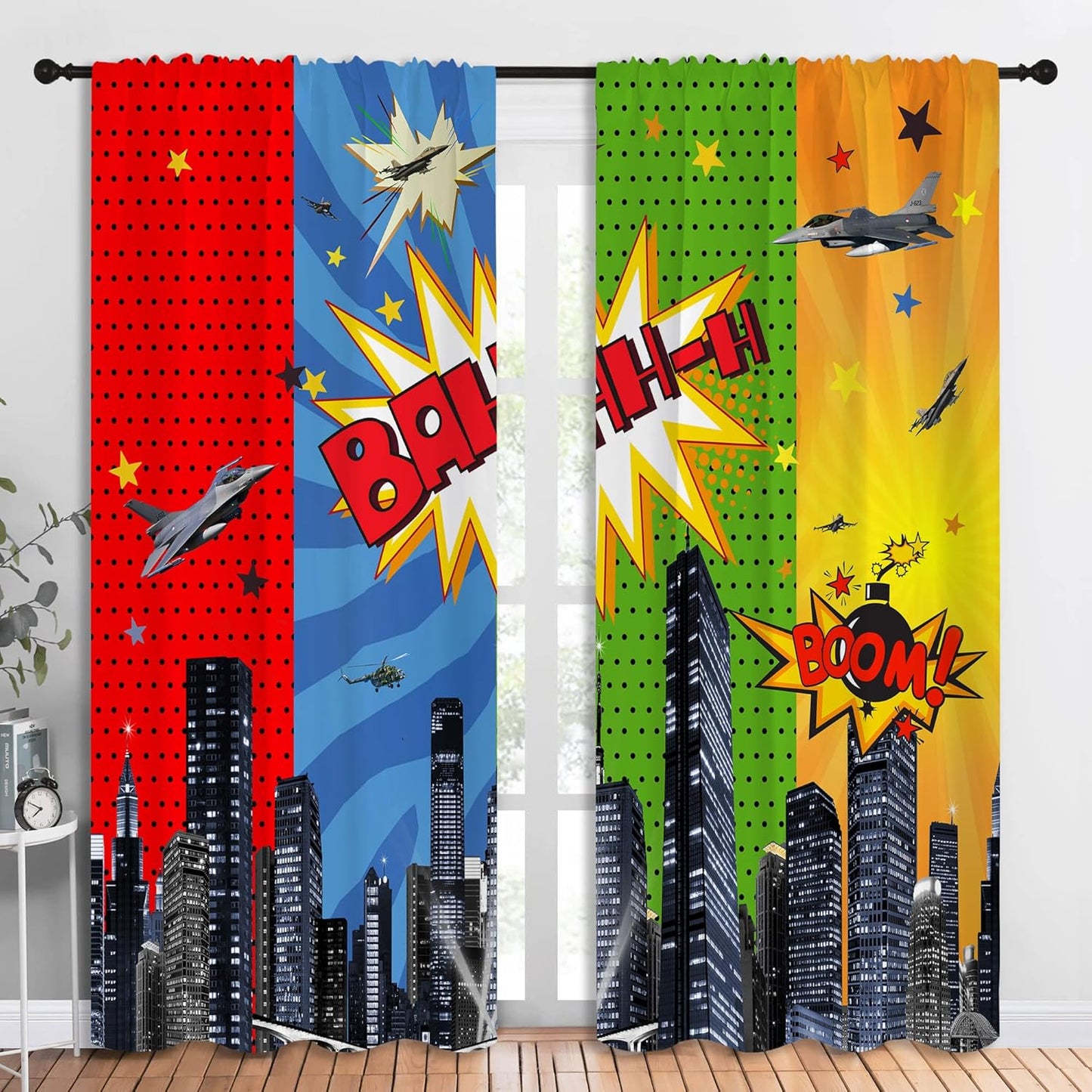 Superhero Rod Pocket Blackout Curtains for Boy Girl Bedroom, City War Explosion Comics Art Thermal Insulated Home Window Drapes for Living Room Darkening, 84x72 inch