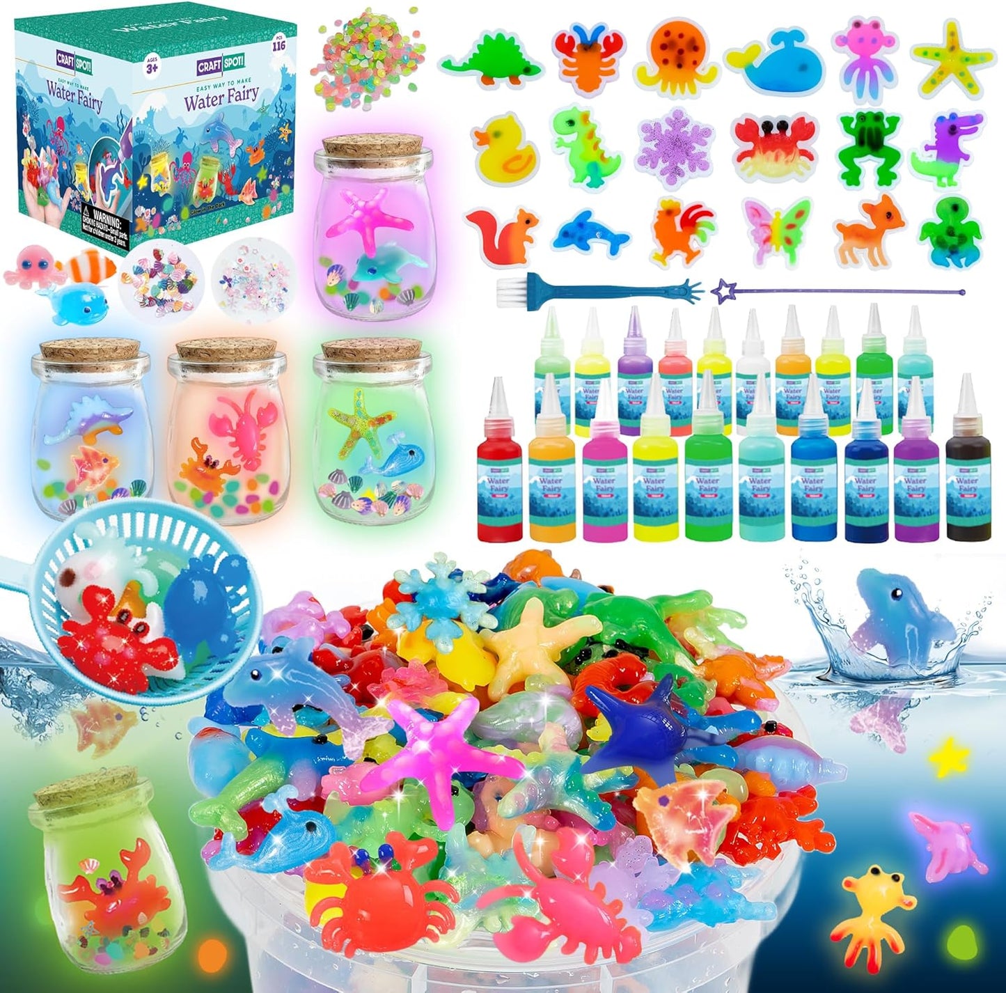 116PCS Magic Glow-in-The-Dark Gel Water Fairy Toy, Aqua DIY Elf Set with 18 Shape Molds, 100ml Gels, Water Squishy Kit, Make 150+ Water Animals,Christmas Birthday Gift, Arts Crafts STEM Kit for Kid