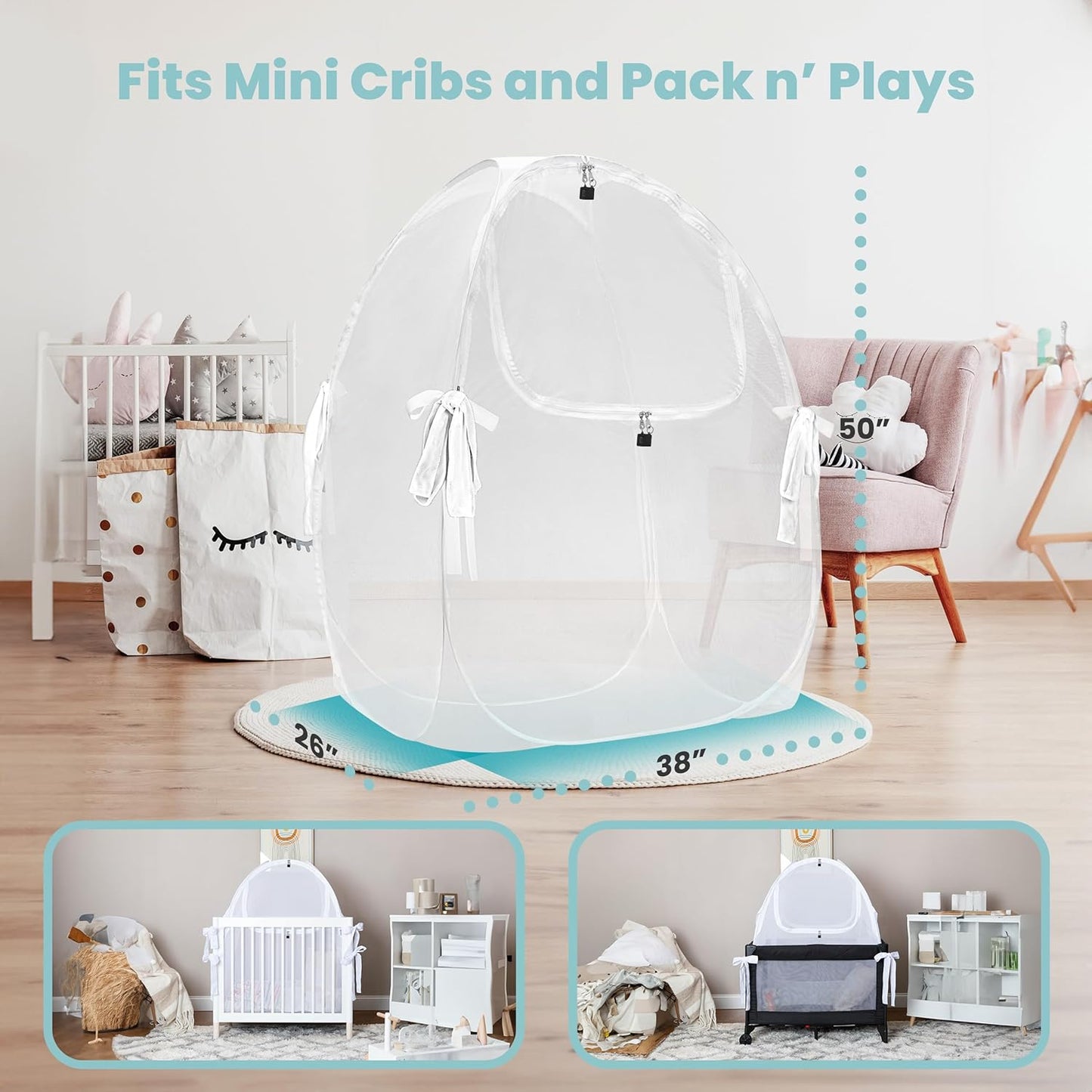 Mini Crib and Pack and Play Tent, Net Canopy to Keep Baby from Climbing Out, Breathable Mesh with Auto-Lock Zipper and Latch, Safety Tent for Travel and Sleep (Mosquiteros para Cunas de Bebes)