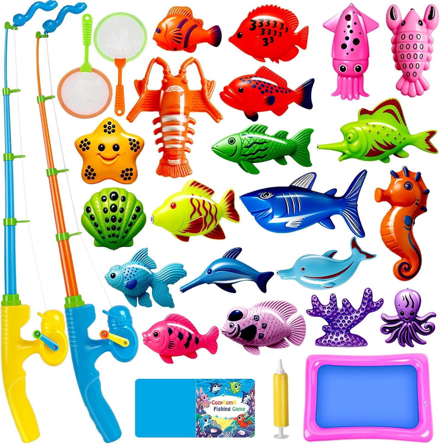 CozyBomB™ Magnetic Fishing Toys Game Set for Kids | Water Table Bathtub Kiddie Pool Party & Pole Rod Net, Plastic Floating Fish Toddler Color Ocean Sea Animals Birthday Age 3 4 5 6 Year