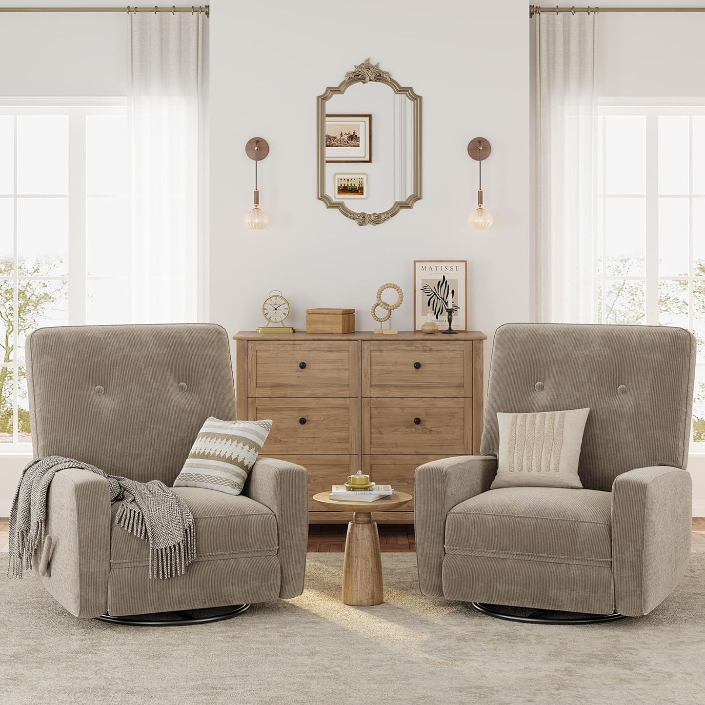 Recliner Chairs, Swivel Rocker Recline, Glider Recliner Nursery Chair, Recliner Chair for Adults, 360° Swivel Glider Rocking Chair for Living Room, Bedroom, Office, RV, Corduroy, Khaki