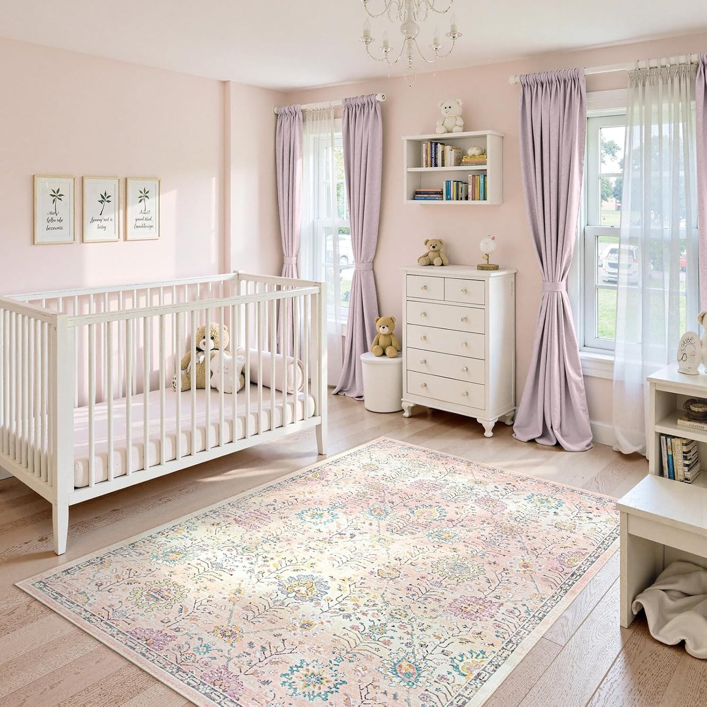 Lahome Pink Boho Area Rug for Nursery, 5x7 Washable Pink Rugs for Bedroom Girls Kids Room Living Room, Floral Pastel Carpet Non Slip for Classroom Playroom Dorm