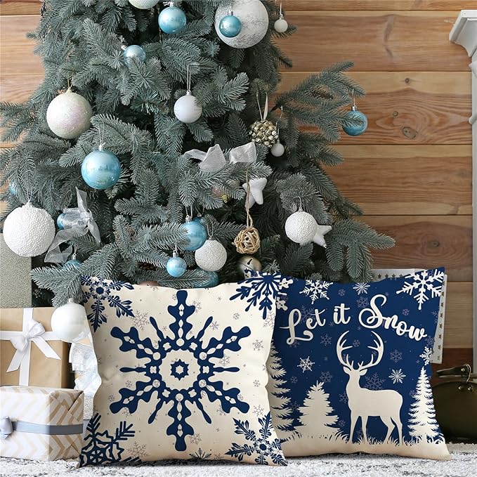 Christmas Pillow Covers 18x18 Blue Christmas Decorations Snowflake Reindeer Throw Pillow Covers Xmas Tree Winter Holiday Decor Cushion Case for Sofa Couch Set of 4