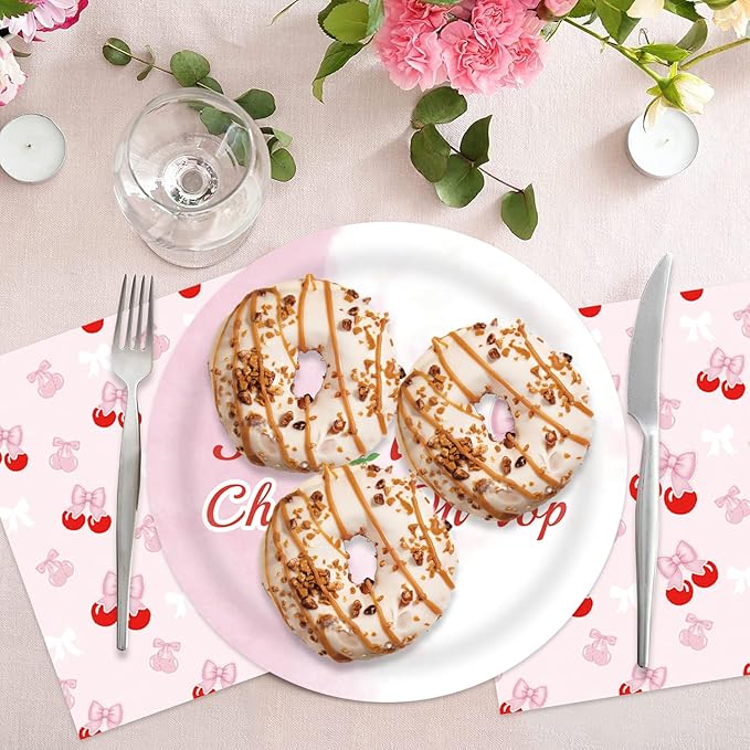 40pcs Cherry Birthday Decorations Bow Cherry Themed Plates and Napkins for Fruit Cherry Theme Birthday Baby Shower Table Decorations,for 20 Guests