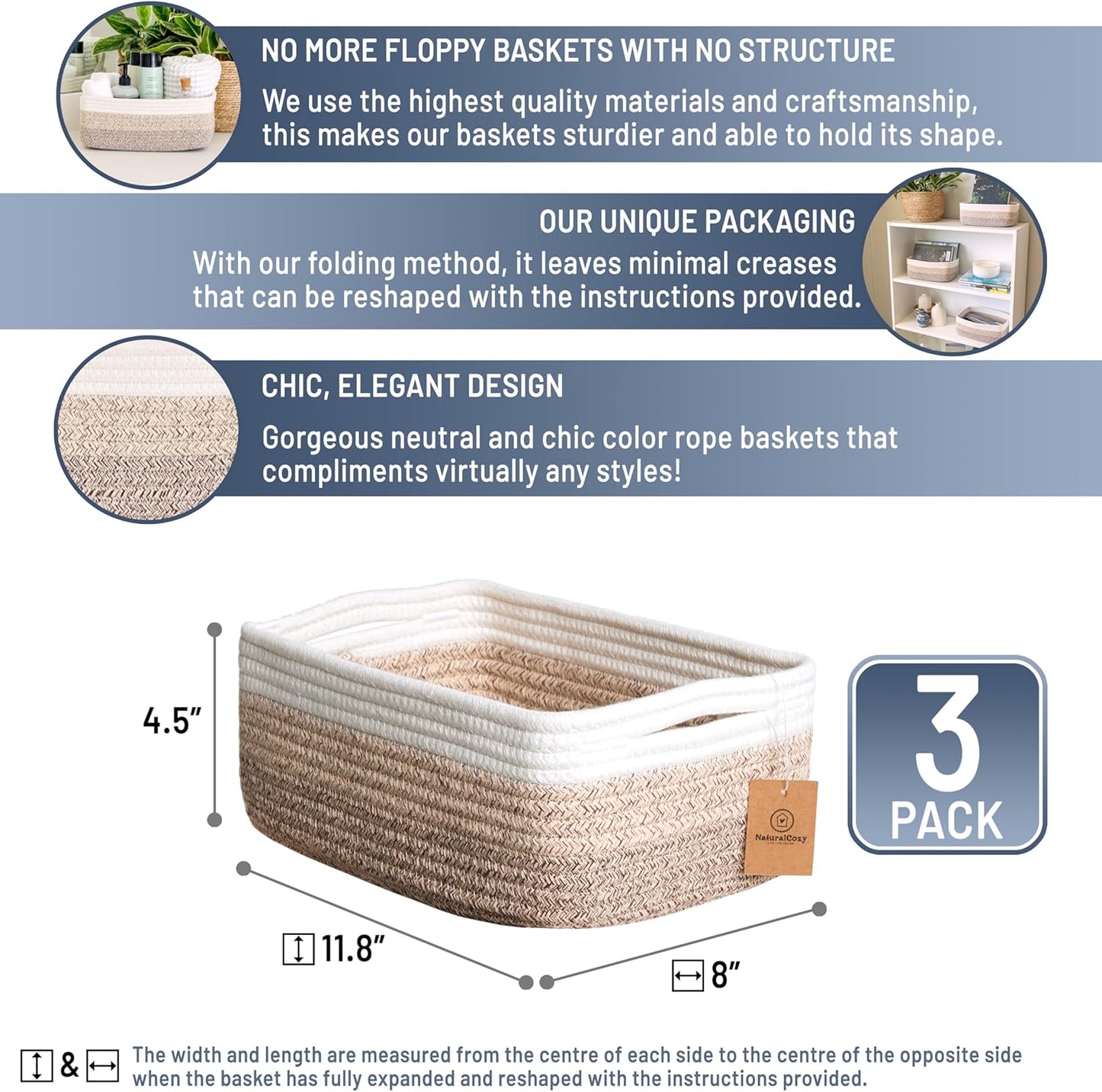 NaturalCozy 11.8"x8"x4.5” Storage Baskets for Shelves 3 Pack | Cotton Rope Woven Small Baskets for Organizing | Small Storage Bins for Nursery, Bathroom, Closet, Cube Shelf, Decorative, Gift Basket