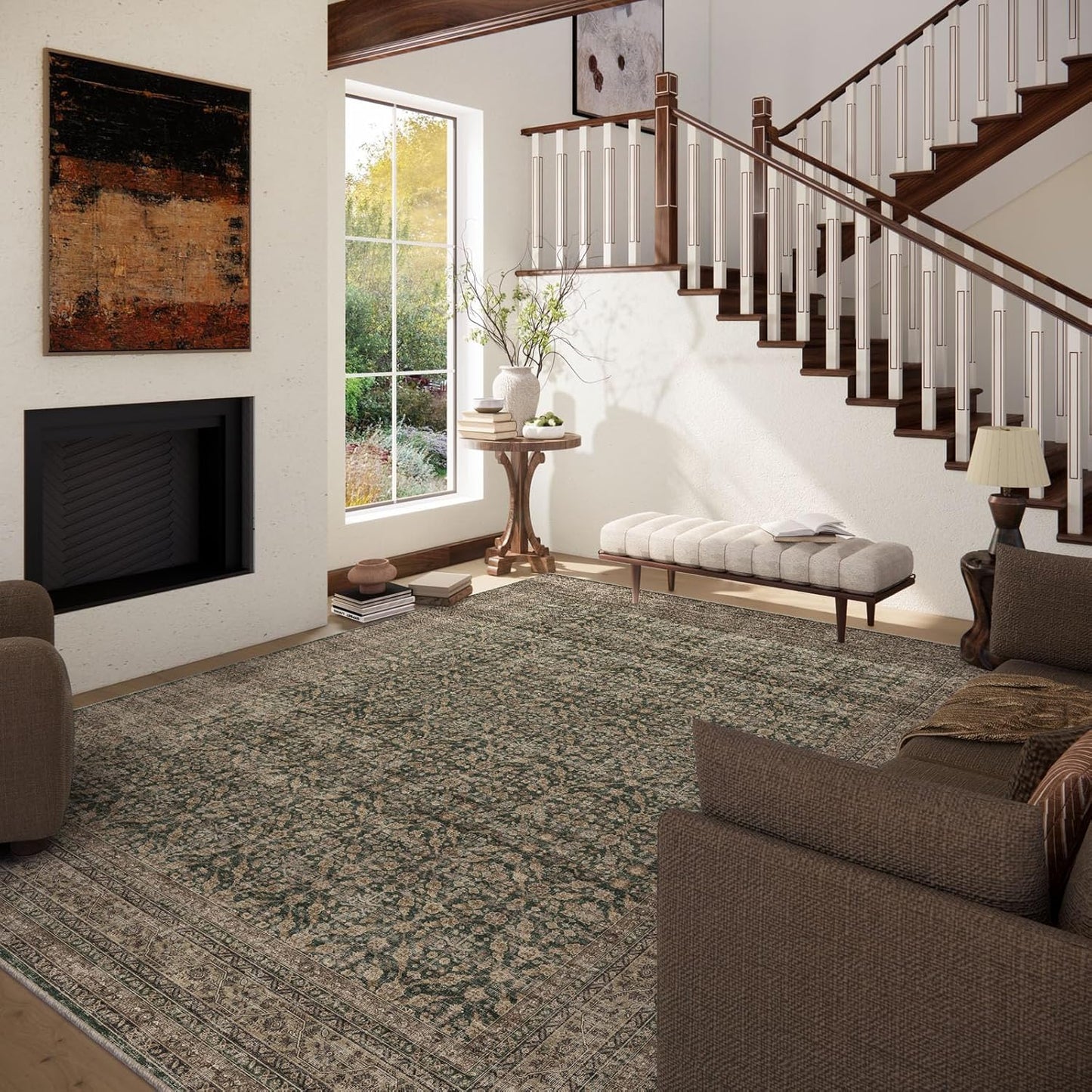 Machine Washable Rugs for Living Room: 8x10 Area Rugs Boho Vintage Rugs Stain Resistant Non Slip Low Pile Soft Lightweight Carpet for Bedroom Kitchen Dining Room Nursery Kids Room Farmhouse