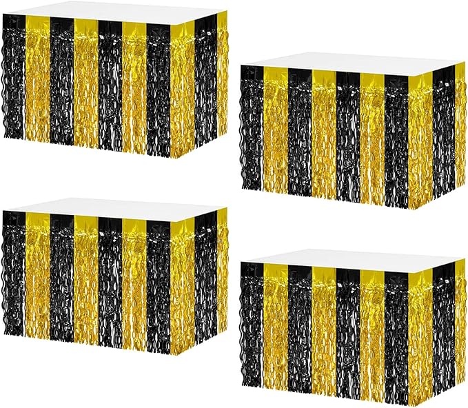 4P Wavy Metallic Tinsel Foil Fringe Table Skirts for Rectangle Tables Backdrop Garland Curtains for Parade Floats Wedding Birthday Parties Decoration Graduation 2025 Christmas (Black Gold)