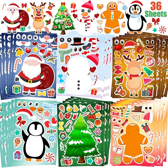 36 Sheets Christmas Stickers for Kids Make Your Own Christmas Stickers, Christmas Party Games Stickersfor Kids Christmas Party Favors Crafts Decorations, Stocking Stuffers