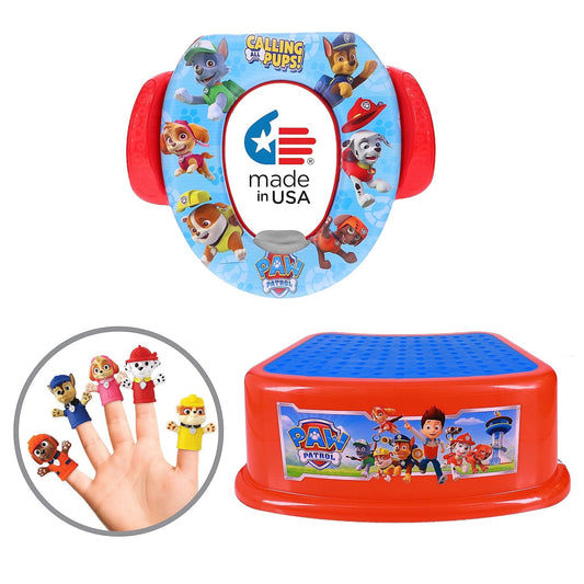 Nickelodeon PAW Patrol "Calling All Pups" 3 Piece Must Have Potty Training Set - Soft Potty Seat, Step Stool, Finger Puppets - Boy Potty Training
