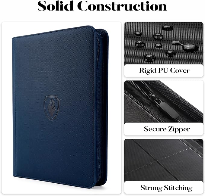 360 9 Pocket Zipper Binder - Premium PU Cover Zip Binder for Trading Cards, MTG, TCG, Sports Cards, Navy Blue