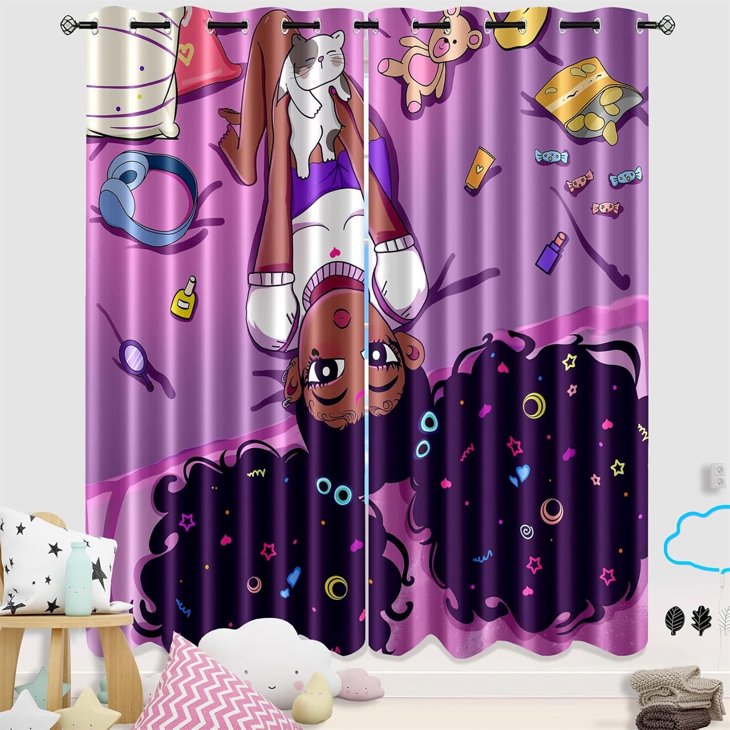 Cartoon Printed Curtains for Bedroom, 82 x 84 inches, Blackout, Grommet Top, 2 Piece Set, Girls Room Curtains, Thermal Insulated