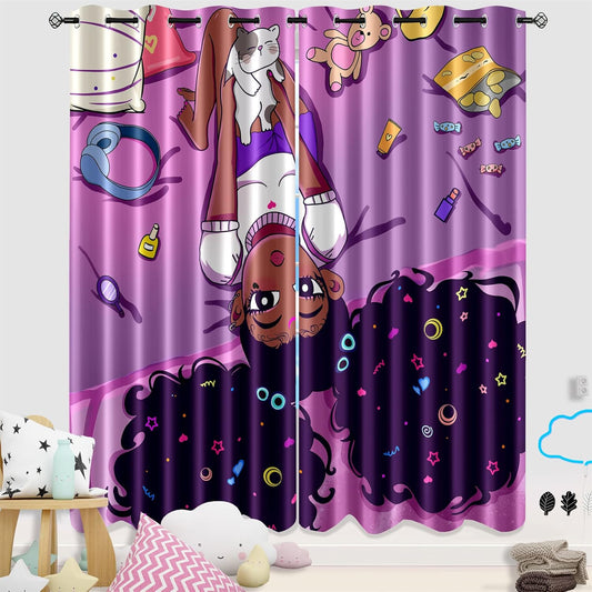 Cartoon Printed Curtains for Bedroom, 82 x 84 inches, Blackout, Grommet Top, 2 Piece Set, Girls Room Curtains, Thermal Insulated