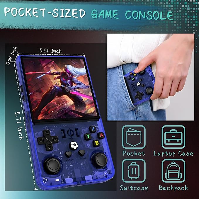 R36MAX Handheld Game Console, 40000+ Games Retro Gaming Console, 256GB TF Card Mini Retro Video Console, 4000mAh Rechargeable 4.0" IPS HD Screen Portable Pocket Arcade (Transparent Blue)