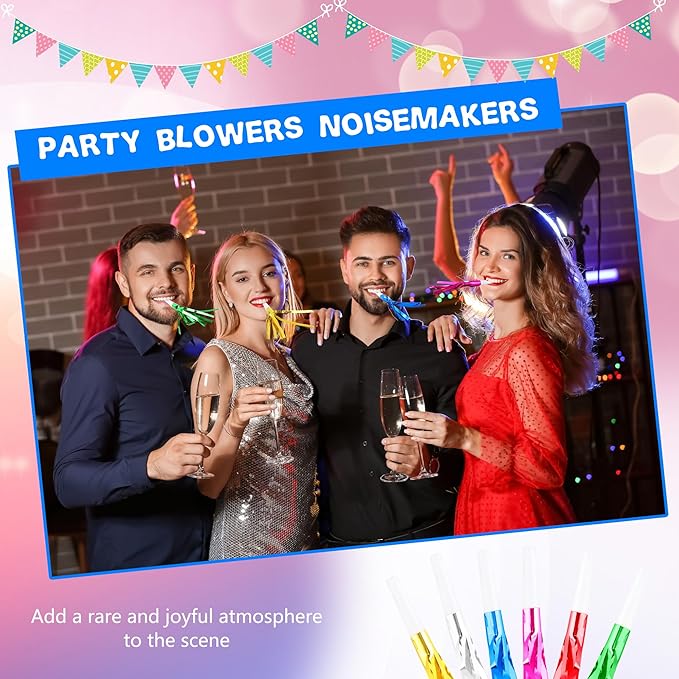 120 Pcs Glitter Bomb Noise Maker Gold Metallic Fringed Squawker Blowouts Silver Musical Blower Whistle for Birthday New Years Party Supplies Sporting Events Graduation (Multicolor Set 1)