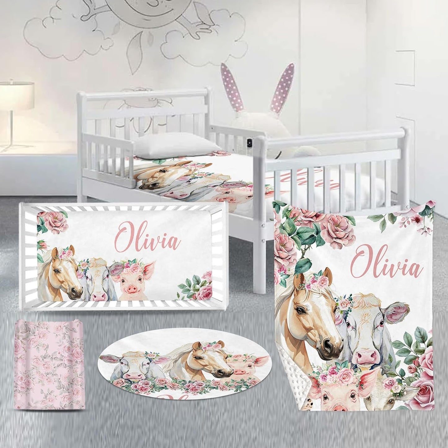 Custom Nursery Crib Bedding Set: Personalized Name 4 Piece Flower Horse Design Baby Crib Sets for Girls - Toddler Double Layer Blanket Set, Comfortable Crib Bed Sheets for Baby Toddlers