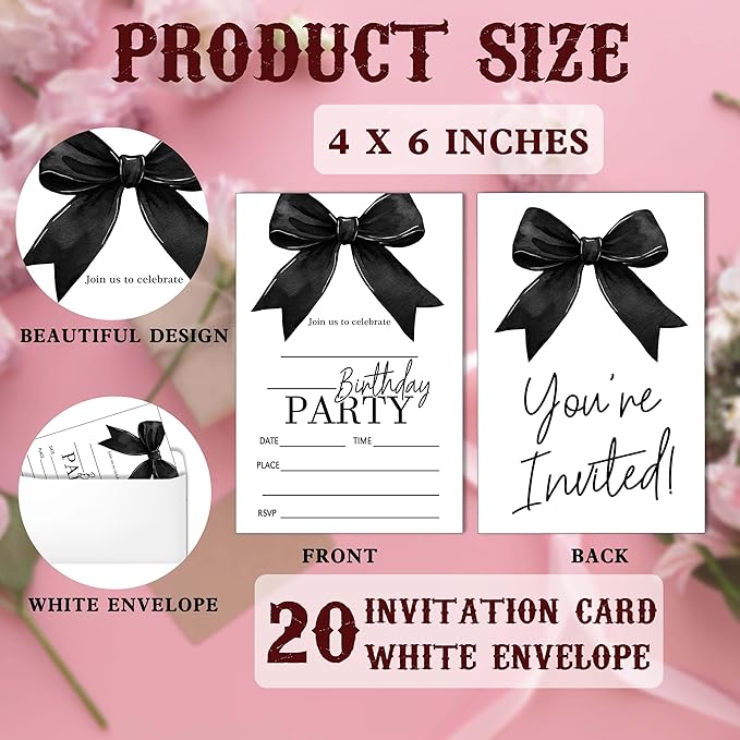 SIXEIGHT Black Bow Birthday Invitations, Black Ribbon Bow Birthday Party Invitations, 20 Party Invitations with Envelopes for Girls Boys, Birthday Party Favor & Decoration (4"x6")-A11