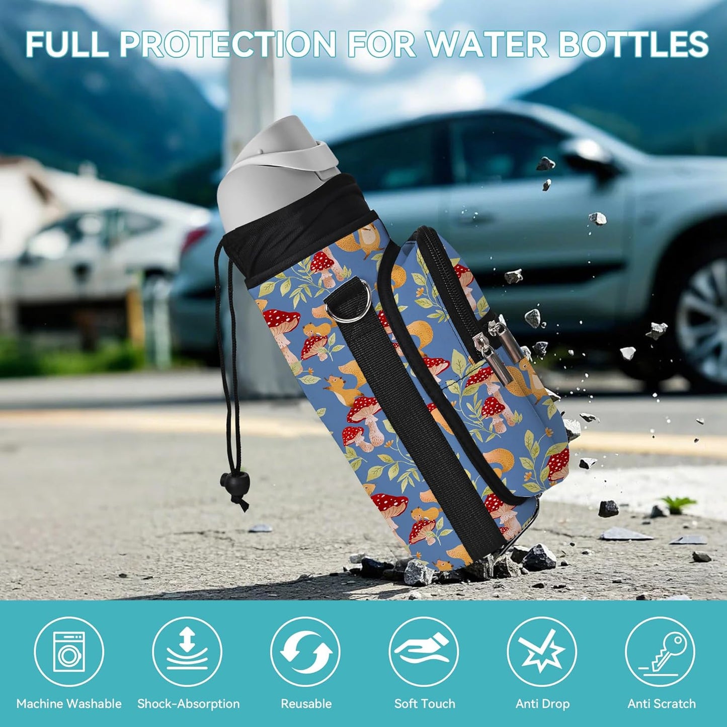 25/32/40/64oz Water Bottle Bag Holder Carrier-Insulated Crossbody Sling Case Sleeve with Strap & Pockets for Men Women Gym Cycling Travel Walking Hiking Camping