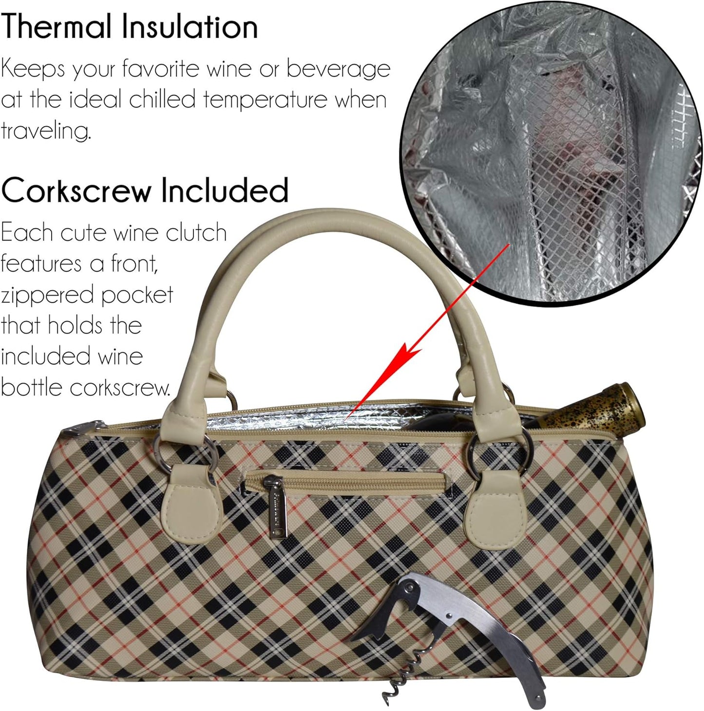 Wine Clutch Bag Thermal Insulated Wine Carrier Tote Holds Red and White Wine 750 Milliliter Bottle Includes Portable Waiter Style Corkscrew