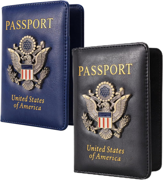2 pieces Passport Holder and Card Slot Combo RFID Blocking Leather Family Travel Passport Wallet Travel Accessories for Men Women (Blue and black)