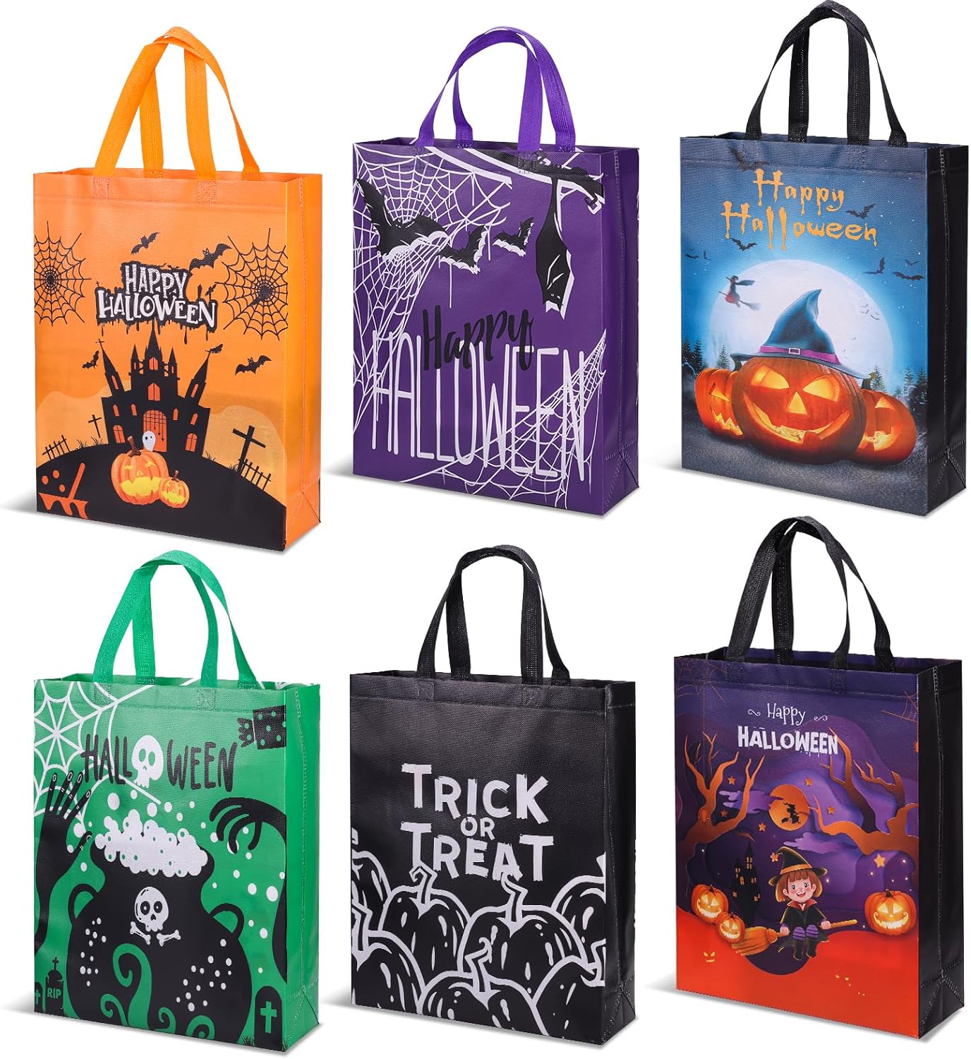 6PCS Halloween Trick or Treat Bags Halloween Large Gift Bag Halloween Tote Bags with Handles, Halloween Non-Woven Bags for Trick or Treat, Halloween Party Supplies, 15×11.8×3.9”