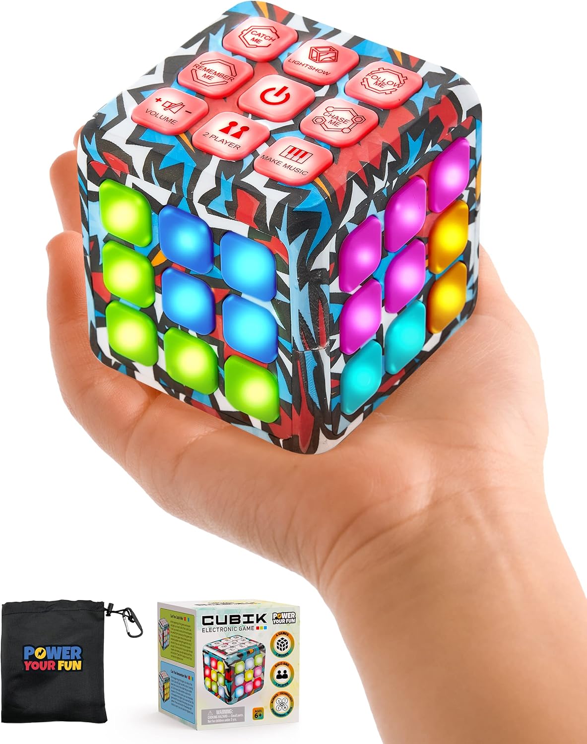 Power Your Fun Cubik LED Flashing Cube Memory Game - Electronic Handheld Game, 5 Brain Memory Games for Kids, STEM Sensory Toys Brain Play Puzzle Fidget Light Up Cube Stress Relief Fidget Toy (Action)