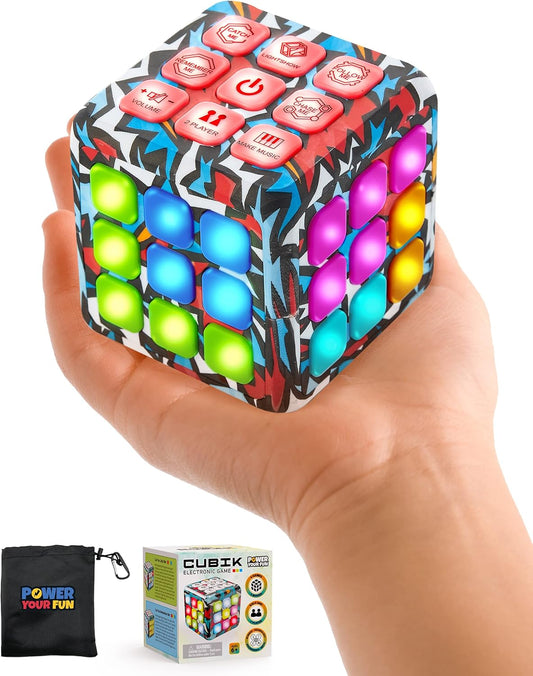 Power Your Fun Cubik LED Flashing Cube Memory Game - Electronic Handheld Game, 5 Brain Memory Games for Kids, STEM Sensory Toys Brain Play Puzzle Fidget Light Up Cube Stress Relief Fidget Toy (Action)