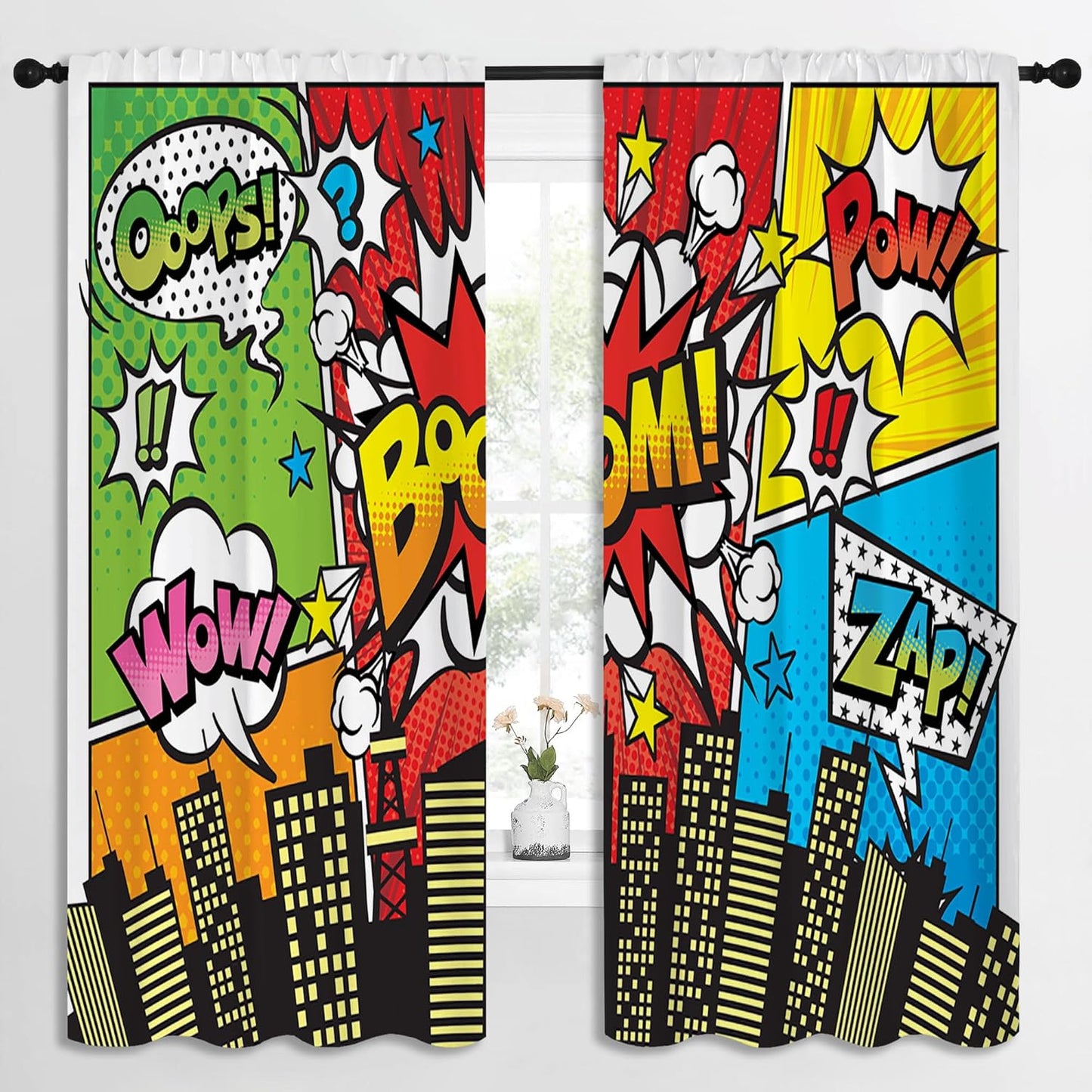 Superhero City Wars Explosion Rod Pocket Blackout Curtains for Boy Girl Bedroom, Colorful Comics Ar Home Energy Efficient Light Filtering Window Curtain for Living Room, 84x63 inch