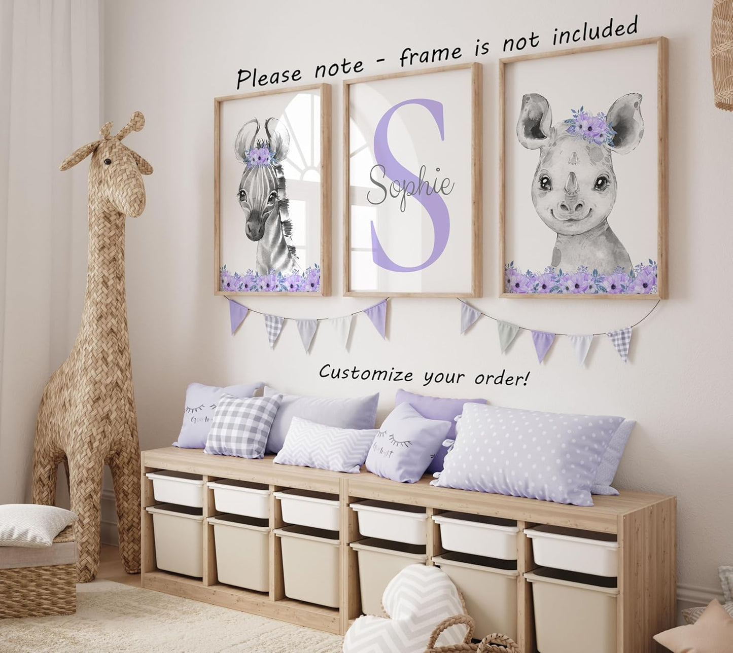 Safari Animals Girls Nursery Bedroom Unframed Set of 3 Poster Prints, Personalized Name Pink or Purple Flowers Wall Art Decor New Baby Gift Present, Elephant Giraffe Panda Zebra Lion (9x12)